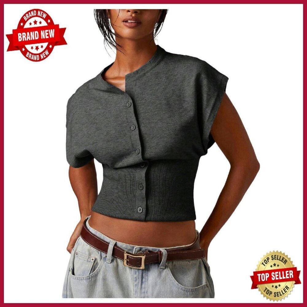 Button Down Sweater Vest Mock Neck Cap Sleeve Knitwear Top